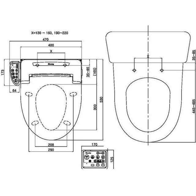 Blooming 770 Plus (R770, douchewc-bril met afstandsbediening) – Maattekening