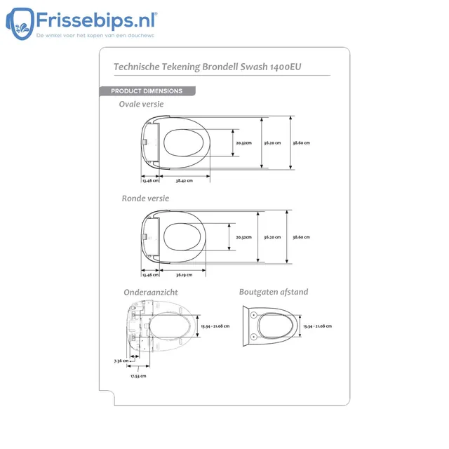 Brondell Swash 1400EU (losse douchewc-bril) – Maattekening (2)