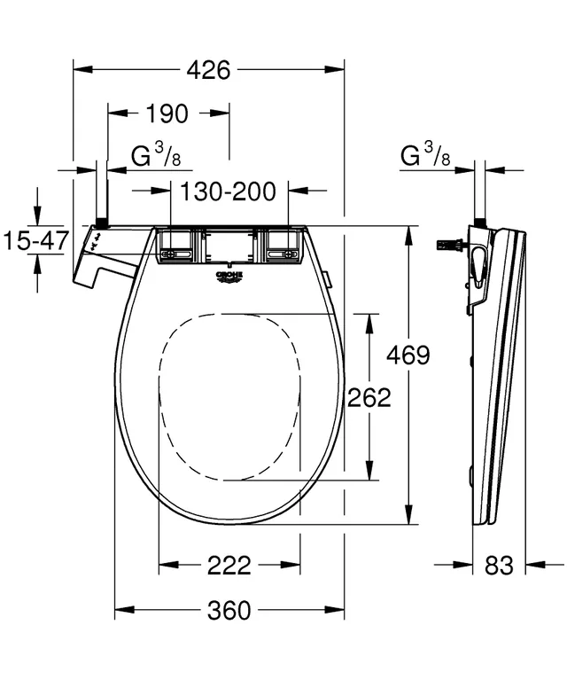 GROHE Bau Ceramic stroomloze bidetbril – Maattekening