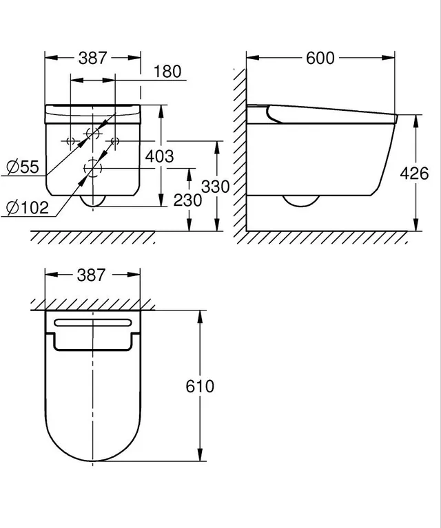 GROHE Sensia QuickFix douche-wc 36507SH0 (compleet wandhangend douchetoilet) – Maattekening