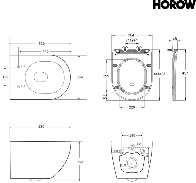HOROW UF12R taharet-wandtoilet met bidetfunctie (53 x 36 x 35 cm) – Maattekening (2)