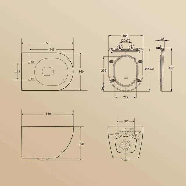 HOROW UF12R taharet-wandtoilet met bidetfunctie (53 x 36 x 35 cm) – Maattekening (1)