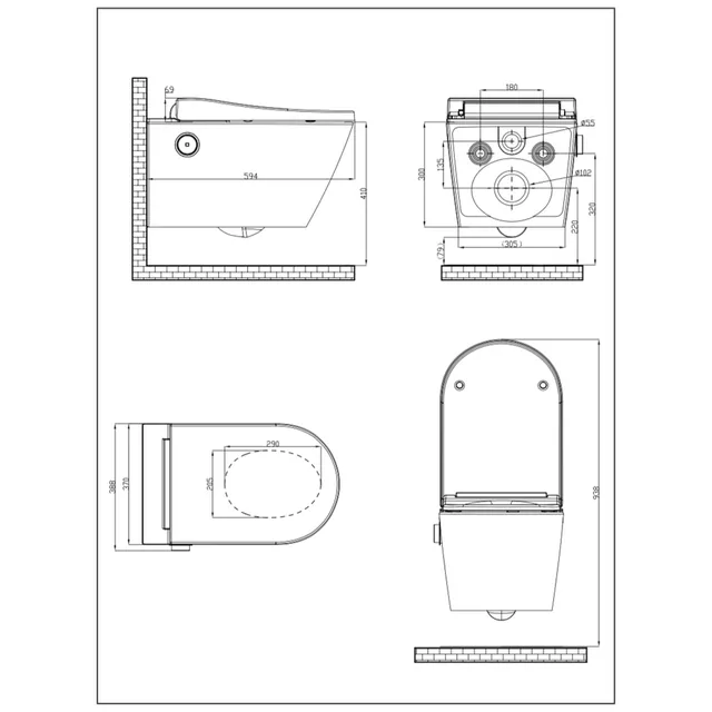 Popodusche PRO 3.0 ECO (compleet douchetoilet, wandhangend, wit) – Maattekening
