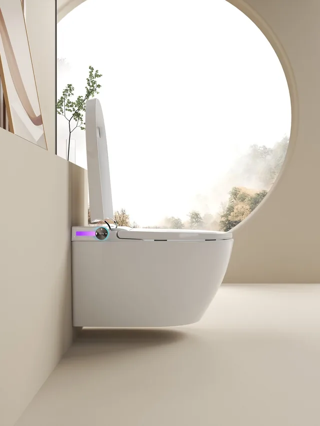 SlimmeWC Hangtoilet Topversie (compleet douchetoilet) – In de badkamer, deksel open (2)