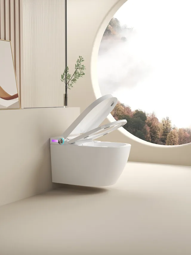 SlimmeWC Hangtoilet Topversie (compleet douchetoilet) – In de badkamer, deksel open (1)