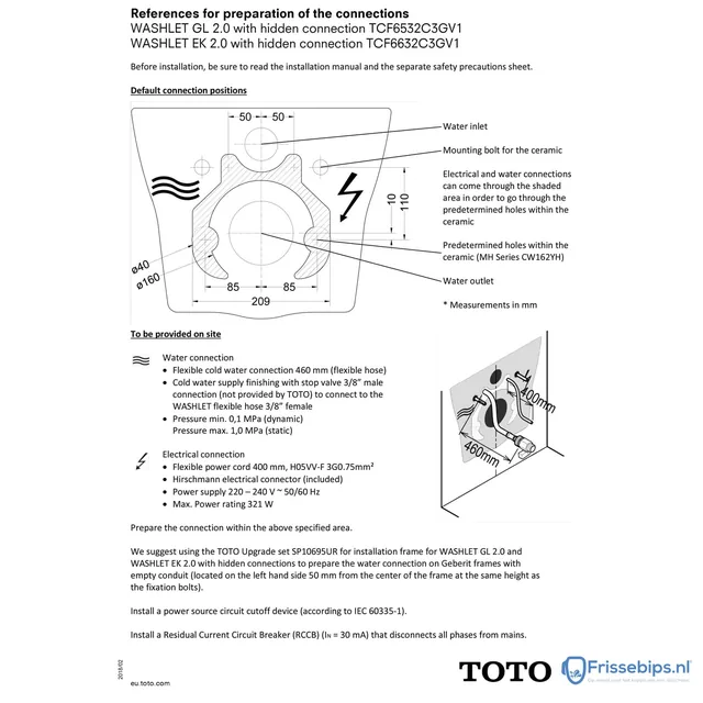 TOTO Washlet EK 2.0 combiset (TCF6632C3G + CW162YH) – Maattekening